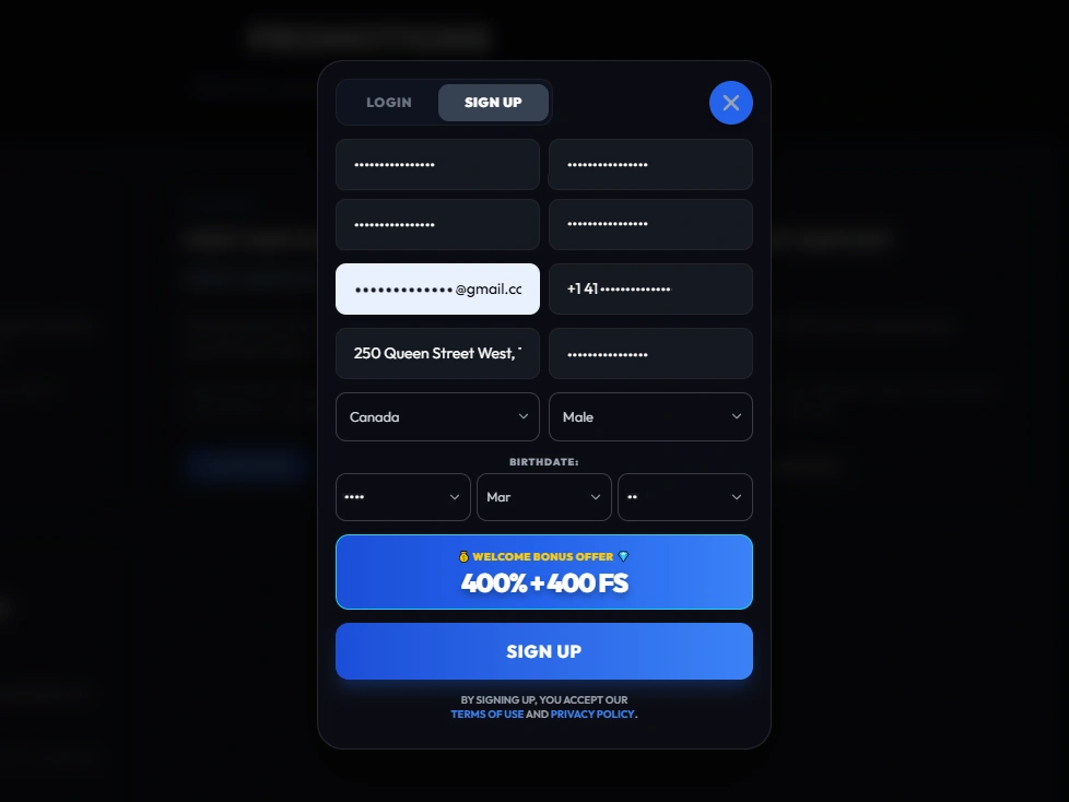 Sign-up form showing email, phone, address, gender and birthdate fields with bonus banner